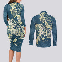 Cyan Polynesia Hammerhead Shark Tattoo With Plumeria Lei Couples Matching Long Sleeve Bodycon Dress and Long Sleeve Button Shirt