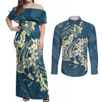 Cyan Polynesia Hammerhead Shark Tattoo With Plumeria Lei Couples Matching Off Shoulder Maxi Dress and Long Sleeve Button Shirt