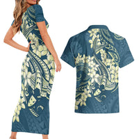 Cyan Polynesia Hammerhead Shark Tattoo With Plumeria Lei Couples Matching Short Sleeve Bodycon Dress and Hawaiian Shirt LT14 - Polynesian Pride