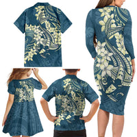 Cyan Polynesia Hammerhead Shark Tattoo With Plumeria Lei Family Matching Long Sleeve Bodycon Dress and Hawaiian Shirt LT14 - Polynesian Pride