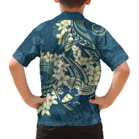 Cyan Polynesia Hammerhead Shark Tattoo With Plumeria Lei Family Matching Off The Shoulder Long Sleeve Dress and Hawaiian Shirt LT14 - Polynesian Pride