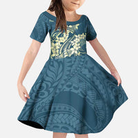 Cyan Polynesia Hammerhead Shark Tattoo With Plumeria Lei Family Matching Puletasi and Hawaiian Shirt LT14 Daughter's Dress Cyan - Polynesian Pride