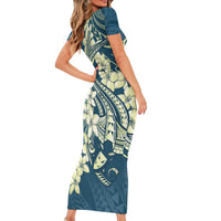 Cyan Polynesia Hammerhead Shark Tattoo With Plumeria Lei Family Matching Short Sleeve Bodycon Dress and Hawaiian Shirt LT14 - Polynesian Pride