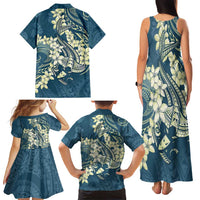 Cyan Polynesia Hammerhead Shark Tattoo With Plumeria Lei Family Matching Tank Maxi Dress and Hawaiian Shirt