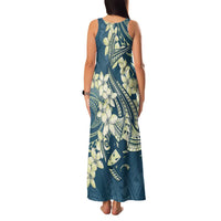 Cyan Polynesia Hammerhead Shark Tattoo With Plumeria Lei Family Matching Tank Maxi Dress and Hawaiian Shirt