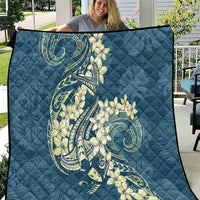 Cyan Polynesia Hammerhead Shark Tattoo With Plumeria Lei Quilt