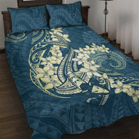 Cyan Polynesia Hammerhead Shark Tattoo With Plumeria Lei Quilt Bed Set