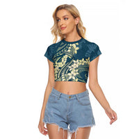 Cyan Polynesia Hammerhead Shark Tattoo With Plumeria Lei Raglan Cropped T Shirt LT14 Female Cyan - Polynesian Pride