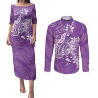 Purple Polynesia Hammerhead Shark Tattoo With Plumeria Lei Couples Matching Puletasi and Long Sleeve Button Shirt
