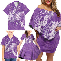 Purple Polynesia Hammerhead Shark Tattoo With Plumeria Lei Family Matching Off Shoulder Short Dress and Hawaiian Shirt
