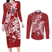 Red Polynesia Hammerhead Shark Tattoo With Plumeria Lei Couples Matching Long Sleeve Bodycon Dress and Long Sleeve Button Shirt