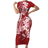 Red Polynesia Hammerhead Shark Tattoo With Plumeria Lei Family Matching Short Sleeve Bodycon Dress and Hawaiian Shirt