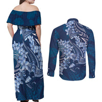 Navy Blue Polynesia Hammerhead Shark Tattoo With Plumeria Lei Couples Matching Off Shoulder Maxi Dress and Long Sleeve Button Shirt