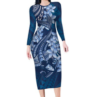 Navy Blue Polynesia Hammerhead Shark Tattoo With Plumeria Lei Family Matching Long Sleeve Bodycon Dress and Hawaiian Shirt LT14 Mom's Dress Navy Blue - Polynesian Pride