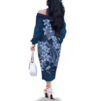 Navy Blue Polynesia Hammerhead Shark Tattoo With Plumeria Lei Family Matching Off The Shoulder Long Sleeve Dress and Hawaiian Shirt LT14 - Polynesian Pride