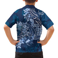 Navy Blue Polynesia Hammerhead Shark Tattoo With Plumeria Lei Family Matching Off Shoulder Maxi Dress and Hawaiian Shirt
