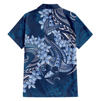 Navy Blue Polynesia Hammerhead Shark Tattoo With Plumeria Lei Family Matching Off Shoulder Maxi Dress and Hawaiian Shirt