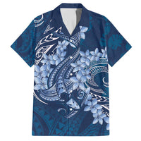 Navy Blue Polynesia Hammerhead Shark Tattoo With Plumeria Lei Family Matching Off Shoulder Short Dress and Hawaiian Shirt