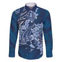 Navy Blue Polynesia Hammerhead Shark Tattoo With Plumeria Lei Family Matching Tank Maxi Dress and Hawaiian Shirt