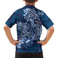 Navy Blue Polynesia Hammerhead Shark Tattoo With Plumeria Lei Kid Hawaiian Shirt
