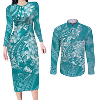 Teal Polynesia Hammerhead Shark Tattoo With Plumeria Lei Couples Matching Long Sleeve Bodycon Dress and Long Sleeve Button Shirt
