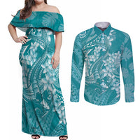 Teal Polynesia Hammerhead Shark Tattoo With Plumeria Lei Couples Matching Off Shoulder Maxi Dress and Long Sleeve Button Shirt