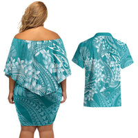 Teal Polynesia Hammerhead Shark Tattoo With Plumeria Lei Couples Matching Off Shoulder Short Dress and Hawaiian Shirt