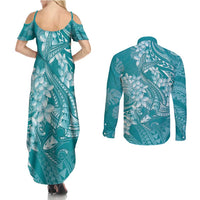 Teal Polynesia Hammerhead Shark Tattoo With Plumeria Lei Couples Matching Summer Maxi Dress and Long Sleeve Button Shirt