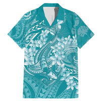 Teal Polynesia Hammerhead Shark Tattoo With Plumeria Lei Family Matching Mermaid Dress and Hawaiian Shirt