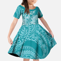 Teal Polynesia Hammerhead Shark Tattoo With Plumeria Lei Family Matching Off The Shoulder Long Sleeve Dress and Hawaiian Shirt