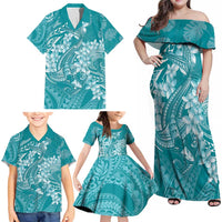 Teal Polynesia Hammerhead Shark Tattoo With Plumeria Lei Family Matching Off Shoulder Maxi Dress and Hawaiian Shirt