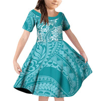 Teal Polynesia Hammerhead Shark Tattoo With Plumeria Lei Family Matching Off Shoulder Short Dress and Hawaiian Shirt