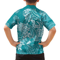 Teal Polynesia Hammerhead Shark Tattoo With Plumeria Lei Kid Hawaiian Shirt