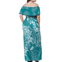 Teal Polynesia Hammerhead Shark Tattoo With Plumeria Lei Off Shoulder Maxi Dress