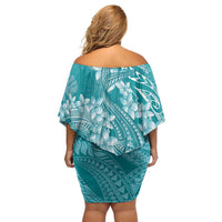 Teal Polynesia Hammerhead Shark Tattoo With Plumeria Lei Off Shoulder Short Dress