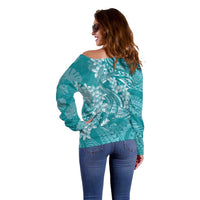 Teal Polynesia Hammerhead Shark Tattoo With Plumeria Lei Off Shoulder Sweater