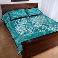 Teal Polynesia Hammerhead Shark Tattoo With Plumeria Lei Quilt Bed Set