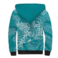 Teal Polynesia Hammerhead Shark Tattoo With Plumeria Lei Sherpa Hoodie