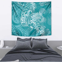 Teal Polynesia Hammerhead Shark Tattoo With Plumeria Lei Tapestry