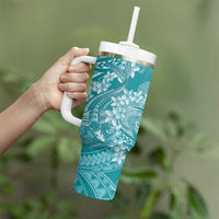 Teal Polynesia Hammerhead Shark Tattoo With Plumeria Lei Tumbler With Handle