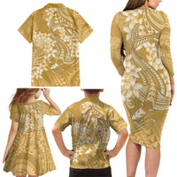 Yellow Polynesia Hammerhead Shark Tattoo With Plumeria Lei Family Matching Long Sleeve Bodycon Dress and Hawaiian Shirt