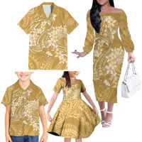 Yellow Polynesia Hammerhead Shark Tattoo With Plumeria Lei Family Matching Off The Shoulder Long Sleeve Dress and Hawaiian Shirt