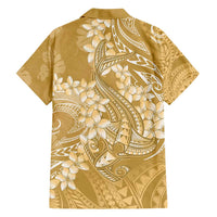 Yellow Polynesia Hammerhead Shark Tattoo With Plumeria Lei Family Matching Short Sleeve Bodycon Dress and Hawaiian Shirt