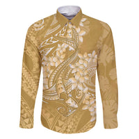 Yellow Polynesia Hammerhead Shark Tattoo With Plumeria Lei Family Matching Short Sleeve Bodycon Dress and Hawaiian Shirt