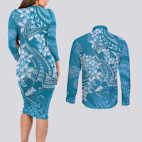 Blue Polynesia Hammerhead Shark Tattoo With Plumeria Lei Couples Matching Long Sleeve Bodycon Dress and Long Sleeve Button Shirt