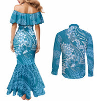 Blue Polynesia Hammerhead Shark Tattoo With Plumeria Lei Couples Matching Mermaid Dress and Long Sleeve Button Shirt LT14 - Polynesian Pride