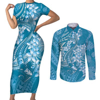 Blue Polynesia Hammerhead Shark Tattoo With Plumeria Lei Couples Matching Short Sleeve Bodycon Dress and Long Sleeve Button Shirt