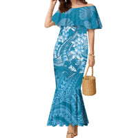 Blue Polynesia Hammerhead Shark Tattoo With Plumeria Lei Family Matching Mermaid Dress and Hawaiian Shirt LT14 Mom's Dress Blue - Polynesian Pride