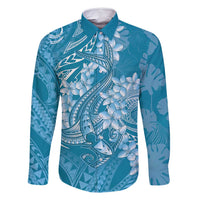 Blue Polynesia Hammerhead Shark Tattoo With Plumeria Lei Family Matching Summer Maxi Dress and Hawaiian Shirt LT14 Dad's Shirt - Long Sleeve Blue - Polynesian Pride