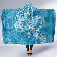 Blue Polynesia Hammerhead Shark Tattoo With Plumeria Lei Hooded Blanket